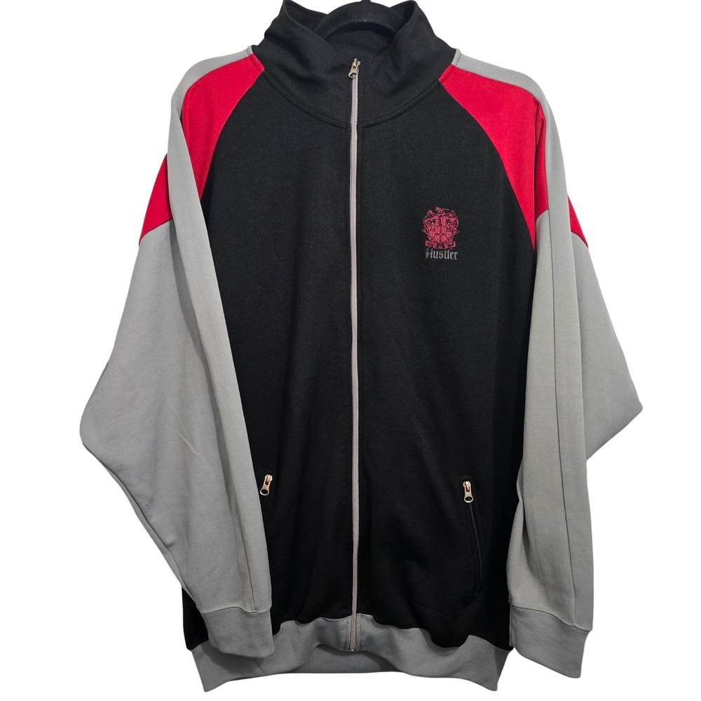 Hustler Hardcore Since 74 Mens XXL Track Jacket Black Grey Red Zip Crest Logo